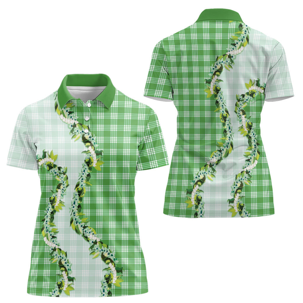 Green Hawaii Palaka Women Polo Shirt Maile Pikake Honohono Orchid Lei