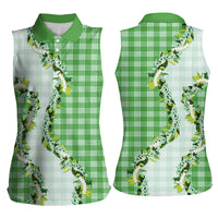 Green Hawaii Palaka Women Sleeveless Polo Shirt Maile Pikake Honohono Orchid Lei