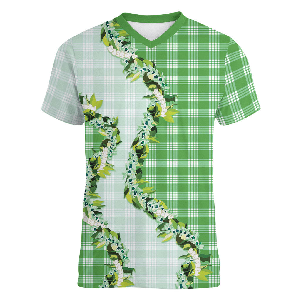 Green Hawaii Palaka Women V-Neck T-Shirt Maile Pikake Honohono Orchid Lei