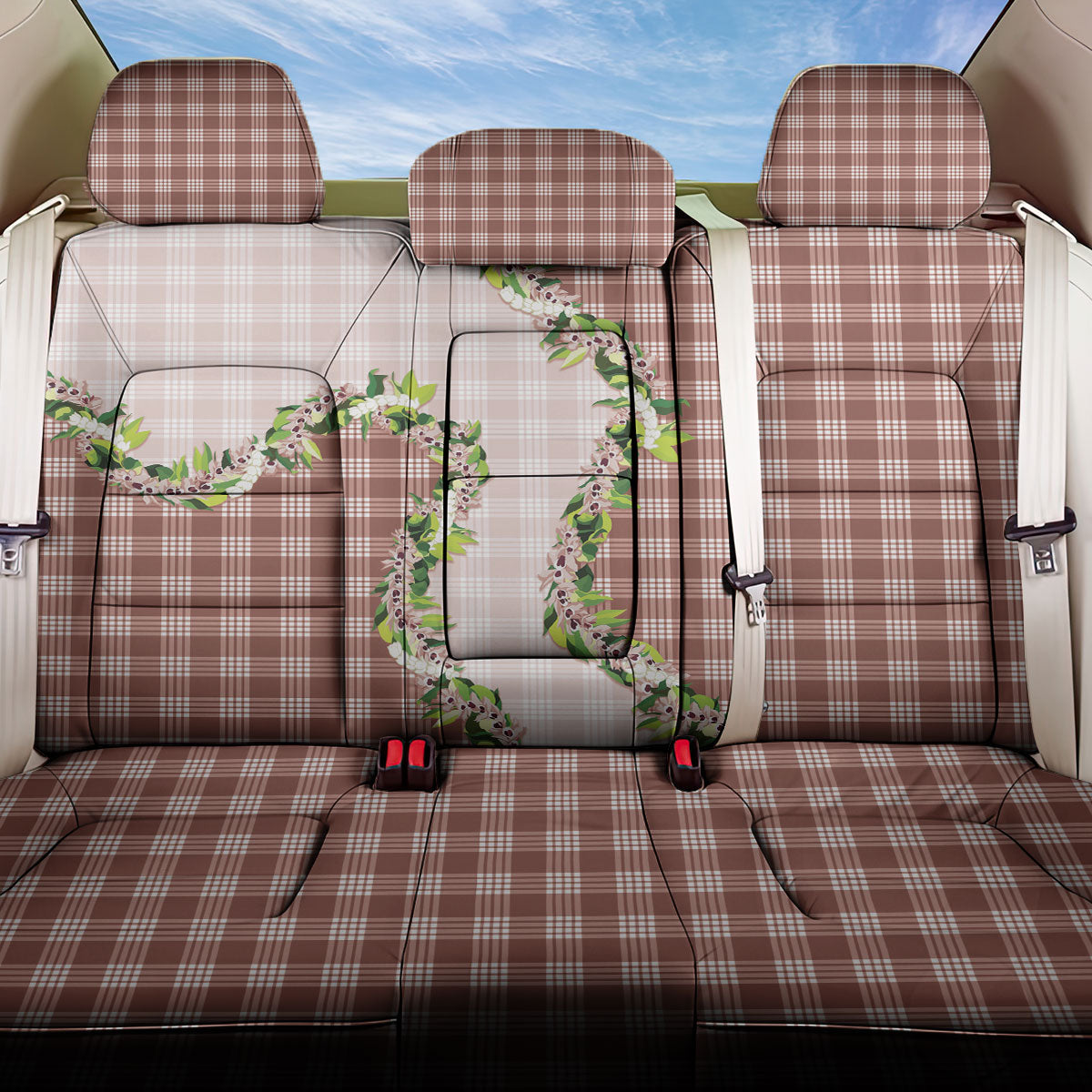 Mocha Hawaii Palaka Back Car Seat Cover Maile Pikake Honohono Orchid Lei
