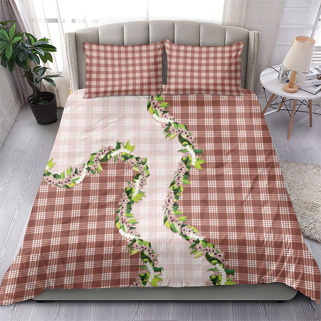 Mocha Hawaii Palaka Bedding Set Maile Pikake Honohono Orchid Lei
