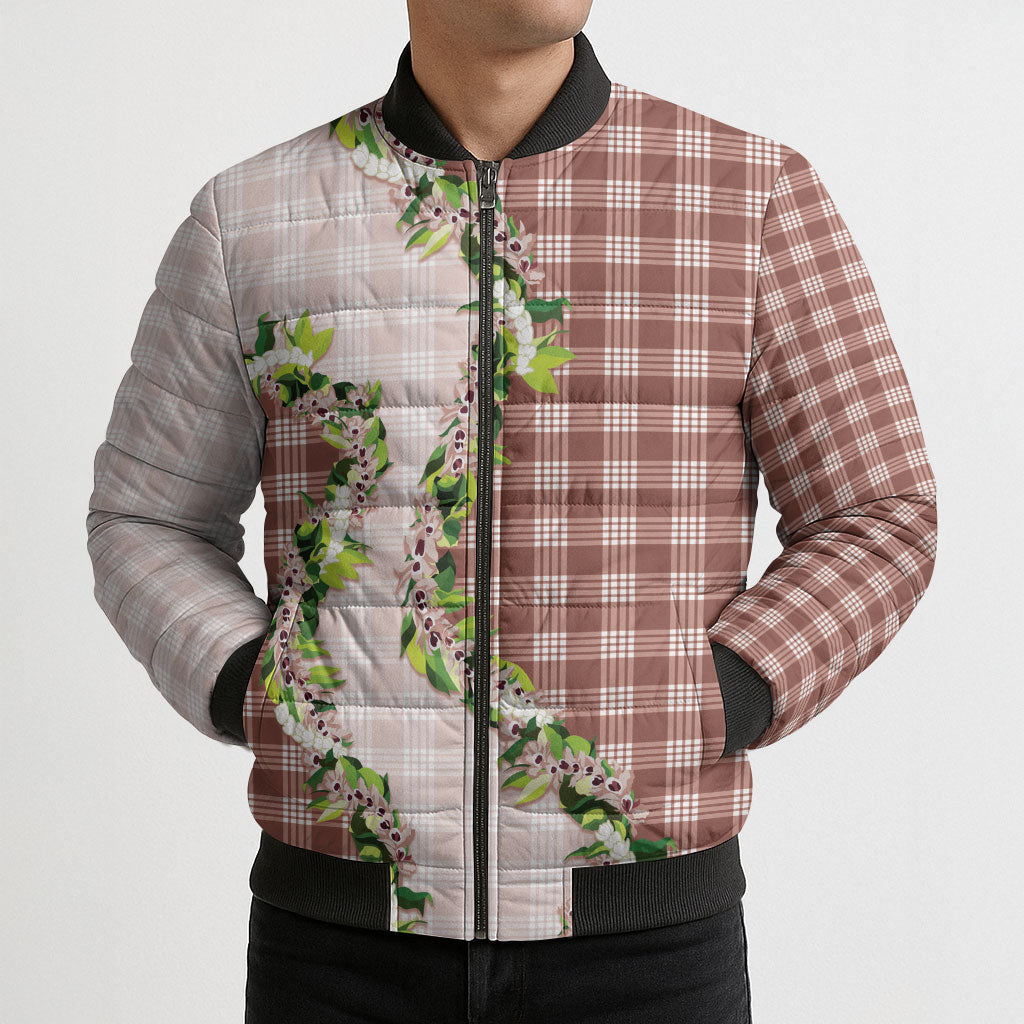 Mocha Hawaii Palaka Bomber Puffer Jacket Maile Pikake Honohono Orchid Lei