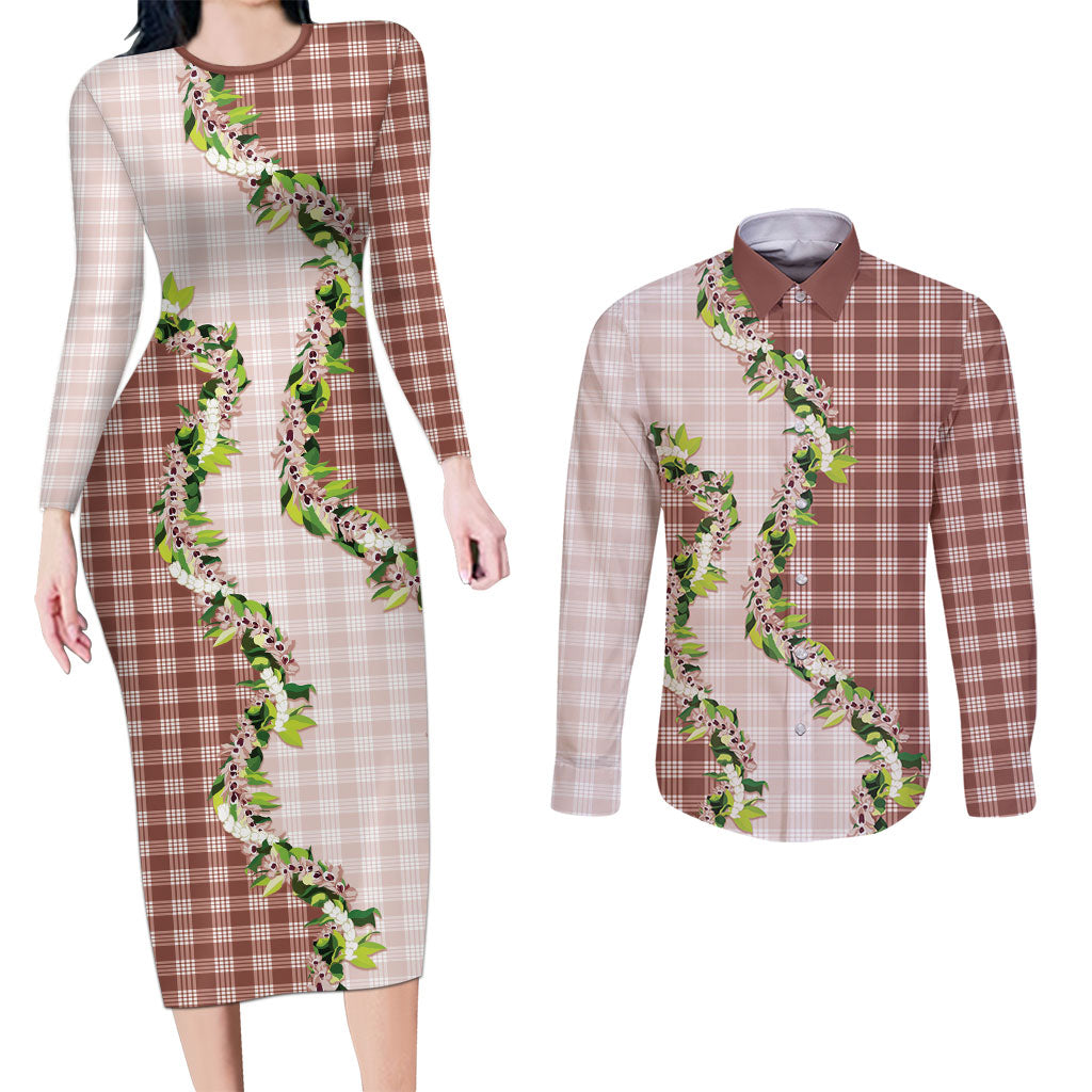 Mocha Hawaii Palaka Couples Matching Long Sleeve Bodycon Dress and Long Sleeve Button Shirt Maile Pikake Honohono Orchid Lei