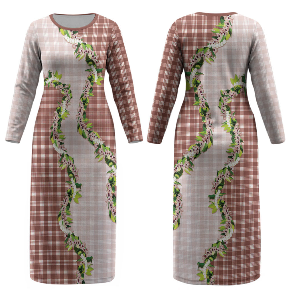 Mocha Hawaii Palaka Couples Matching Long Sleeve Bodycon Dress and Long Sleeve Button Shirt Maile Pikake Honohono Orchid Lei LT05 - Polynesian Pride
