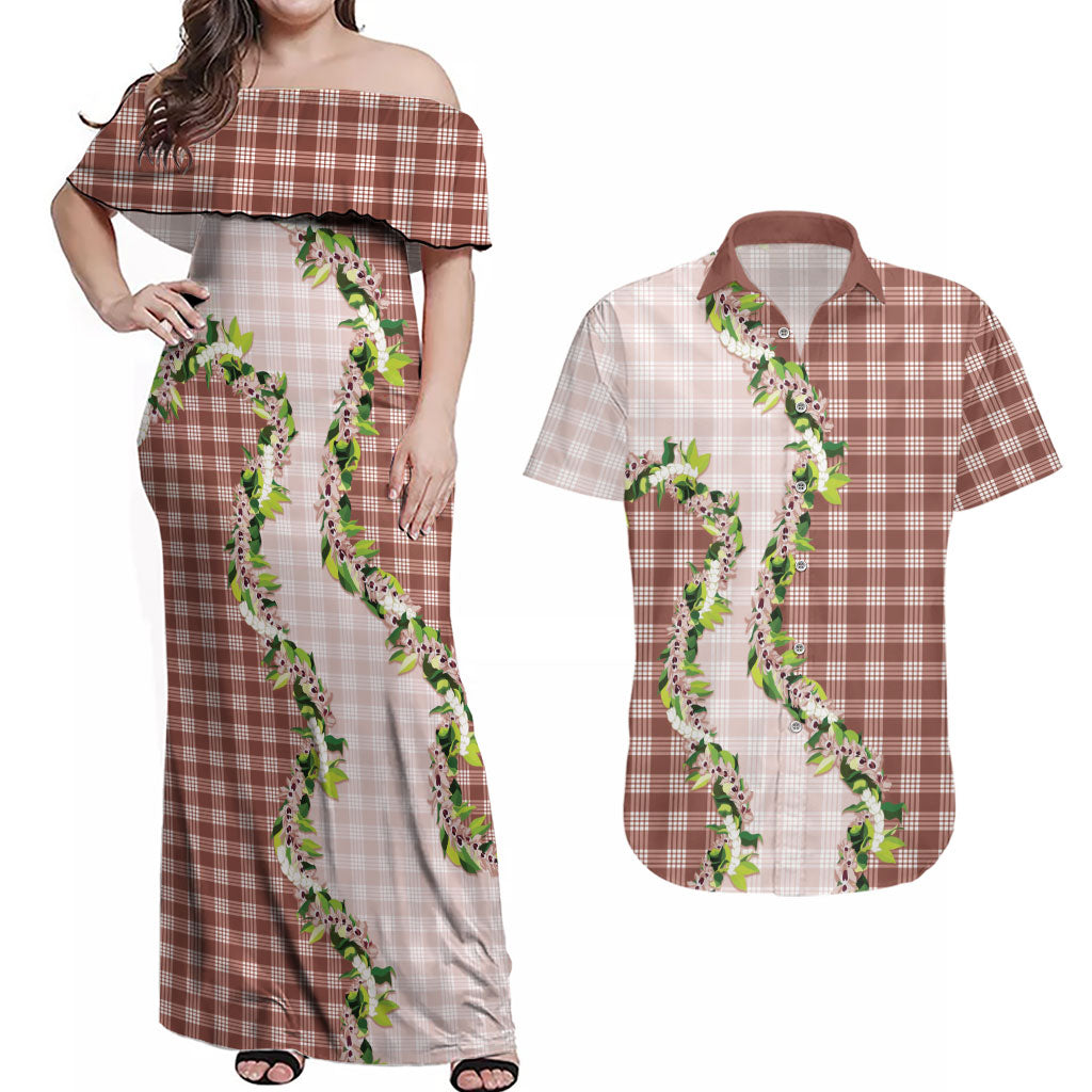 Mocha Hawaii Palaka Couples Matching Off Shoulder Maxi Dress and Hawaiian Shirt Maile Pikake Honohono Orchid Lei