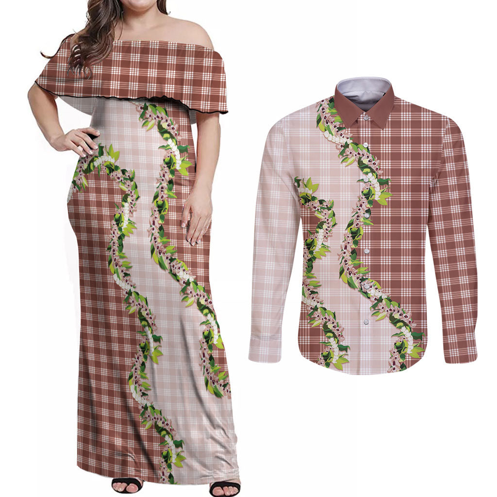 Mocha Hawaii Palaka Couples Matching Off Shoulder Maxi Dress and Long Sleeve Button Shirt Maile Pikake Honohono Orchid Lei