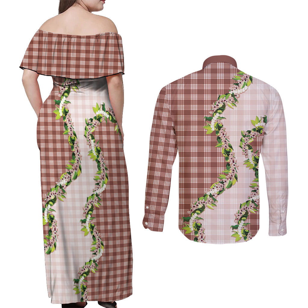 Mocha Hawaii Palaka Couples Matching Off Shoulder Maxi Dress and Long Sleeve Button Shirt Maile Pikake Honohono Orchid Lei
