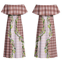 Mocha Hawaii Palaka Couples Matching Off Shoulder Maxi Dress and Long Sleeve Button Shirt Maile Pikake Honohono Orchid Lei LT05 - Polynesian Pride