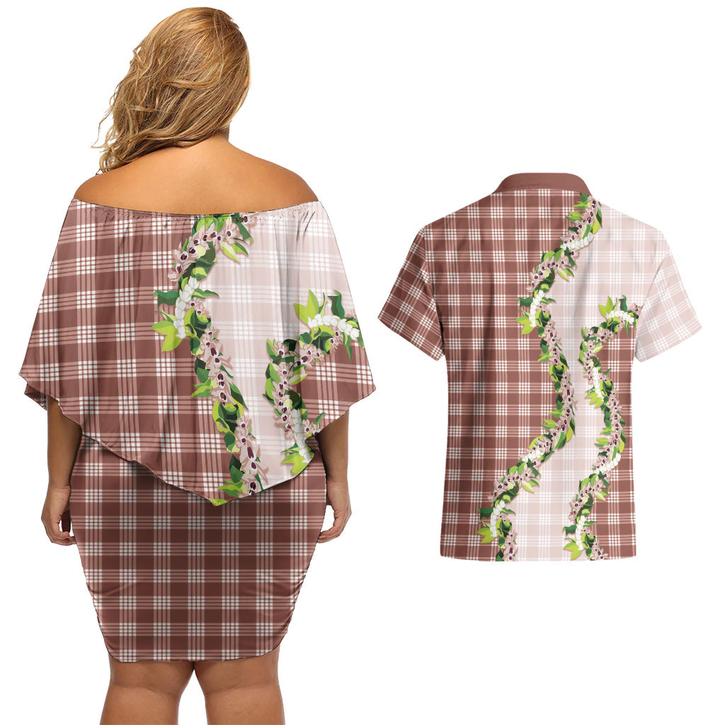 Mocha Hawaii Palaka Couples Matching Off Shoulder Short Dress and Hawaiian Shirt Maile Pikake Honohono Orchid Lei