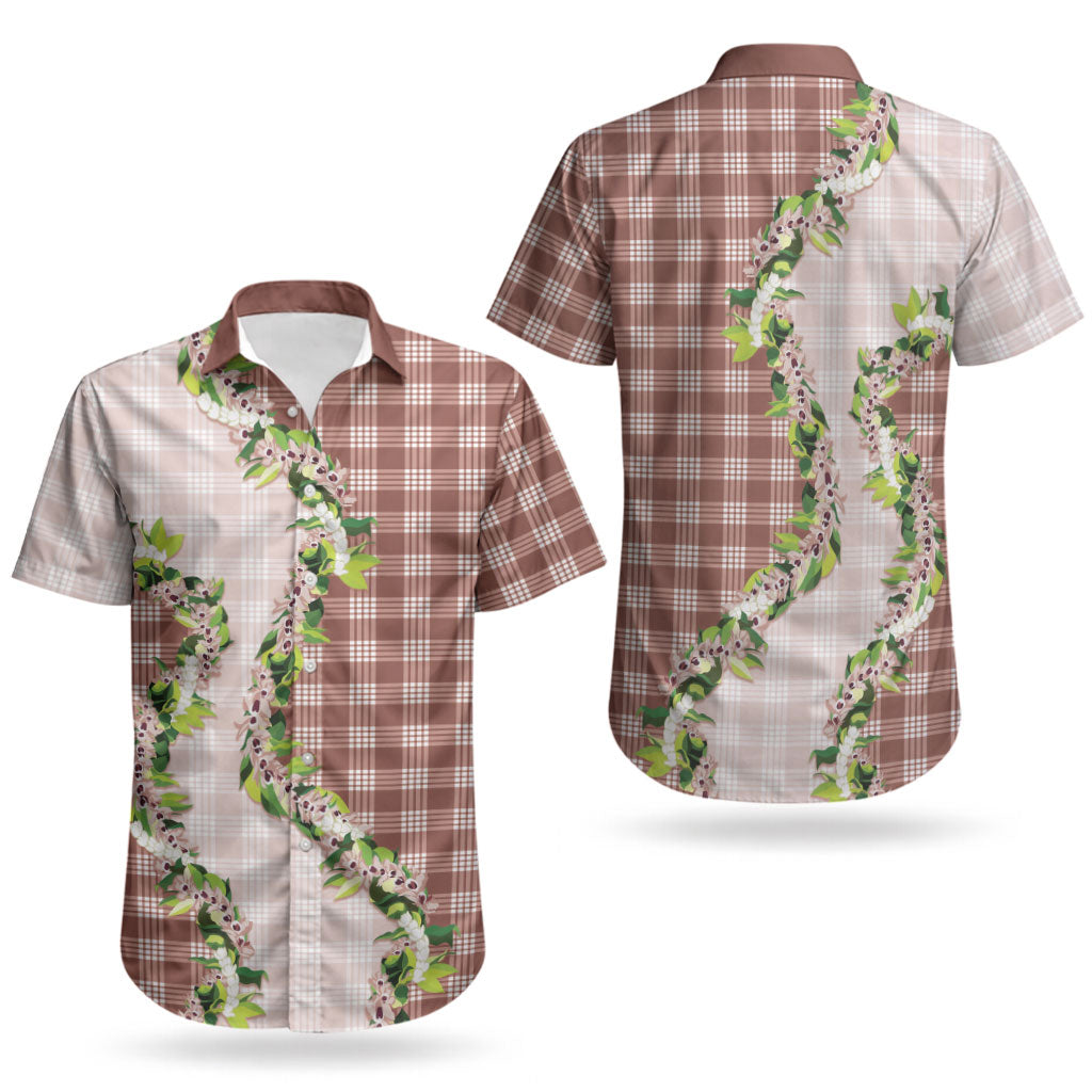 Mocha Hawaii Palaka Couples Matching Off Shoulder Short Dress and Hawaiian Shirt Maile Pikake Honohono Orchid Lei LT05 - Polynesian Pride