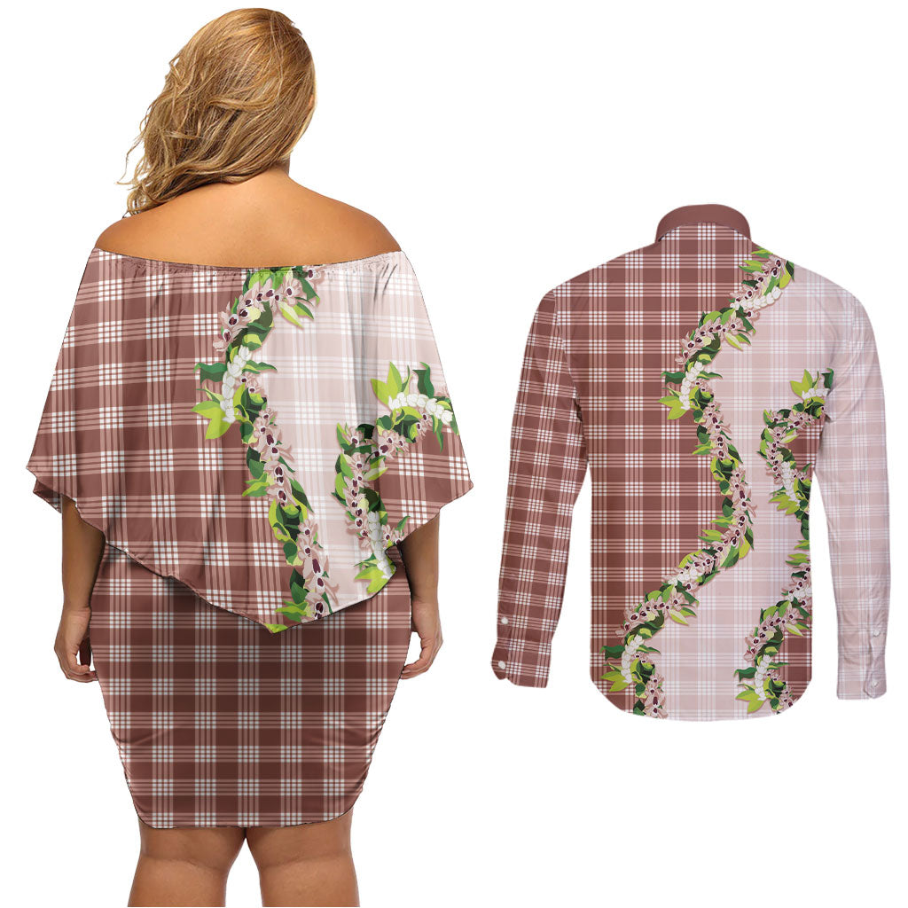 Mocha Hawaii Palaka Couples Matching Off Shoulder Short Dress and Long Sleeve Button Shirt Maile Pikake Honohono Orchid Lei