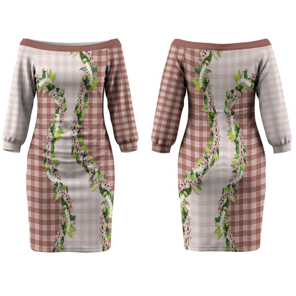 Mocha Hawaii Palaka Couples Matching Off The Shoulder Long Sleeve Dress and Hawaiian Shirt Maile Pikake Honohono Orchid Lei LT05 - Polynesian Pride