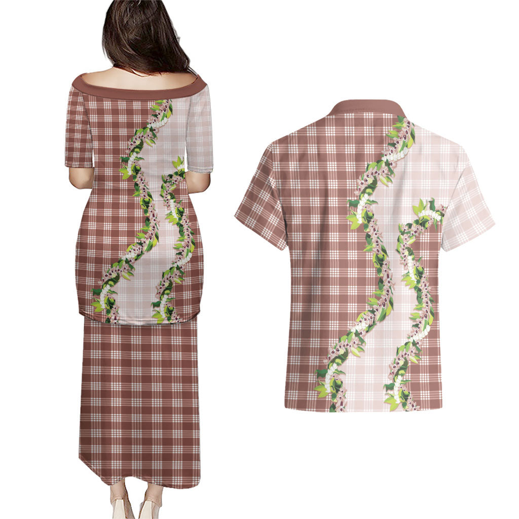 Mocha Hawaii Palaka Couples Matching Puletasi and Hawaiian Shirt Maile Pikake Honohono Orchid Lei