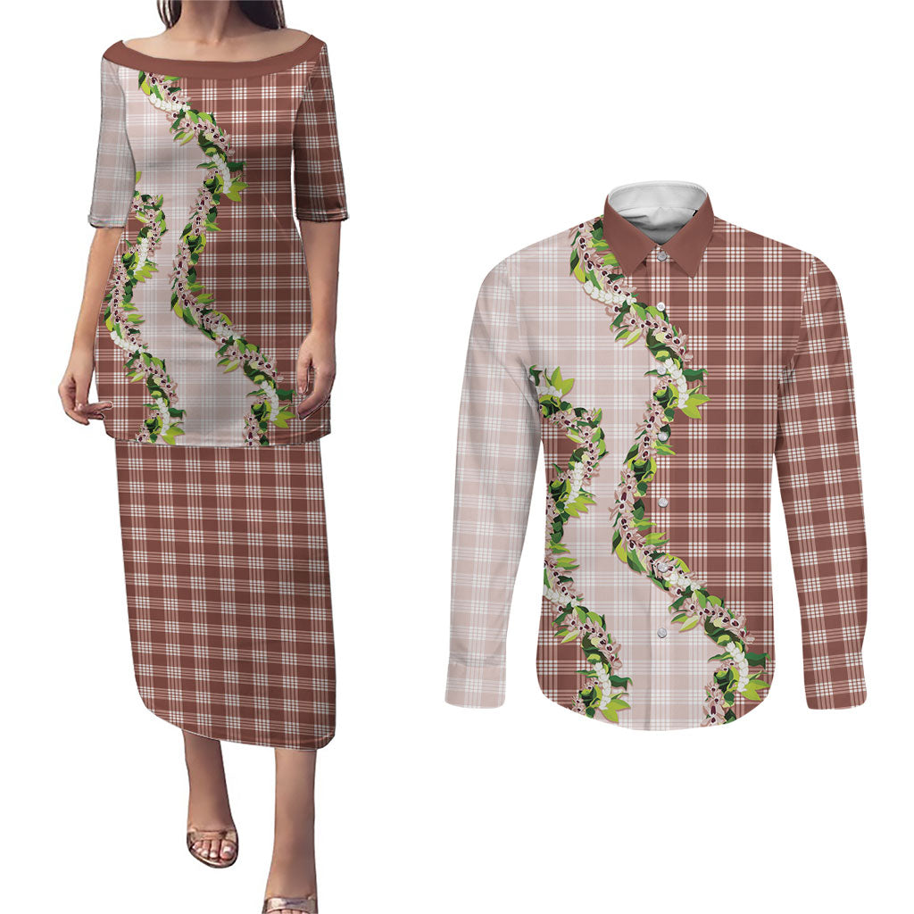 Mocha Hawaii Palaka Couples Matching Puletasi and Long Sleeve Button Shirt Maile Pikake Honohono Orchid Lei