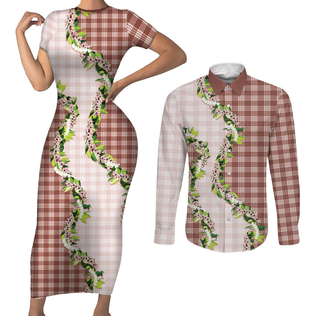 Mocha Hawaii Palaka Couples Matching Short Sleeve Bodycon Dress and Long Sleeve Button Shirt Maile Pikake Honohono Orchid Lei