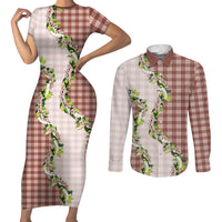 Mocha Hawaii Palaka Couples Matching Short Sleeve Bodycon Dress and Long Sleeve Button Shirt Maile Pikake Honohono Orchid Lei