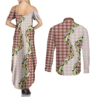 Mocha Hawaii Palaka Couples Matching Summer Maxi Dress and Long Sleeve Button Shirt Maile Pikake Honohono Orchid Lei