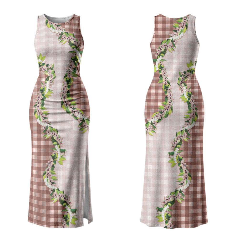 Mocha Hawaii Palaka Couples Matching Tank Maxi Dress and Hawaiian Shirt Maile Pikake Honohono Orchid Lei LT05 - Polynesian Pride