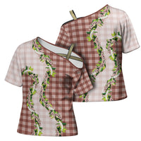 Mocha Hawaii Palaka Cross Shoulder Shirt Maile Pikake Honohono Orchid Lei