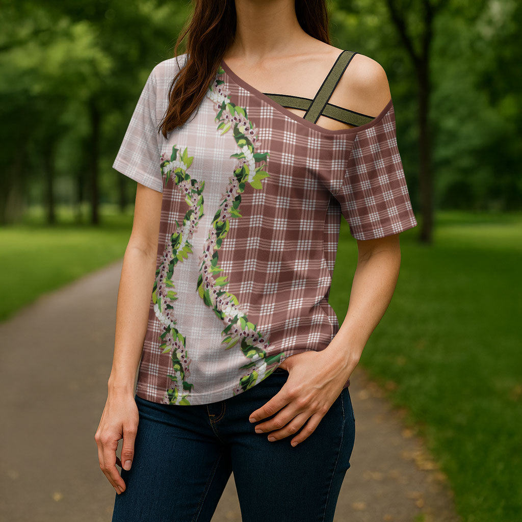 Mocha Hawaii Palaka Cross Shoulder Shirt Maile Pikake Honohono Orchid Lei
