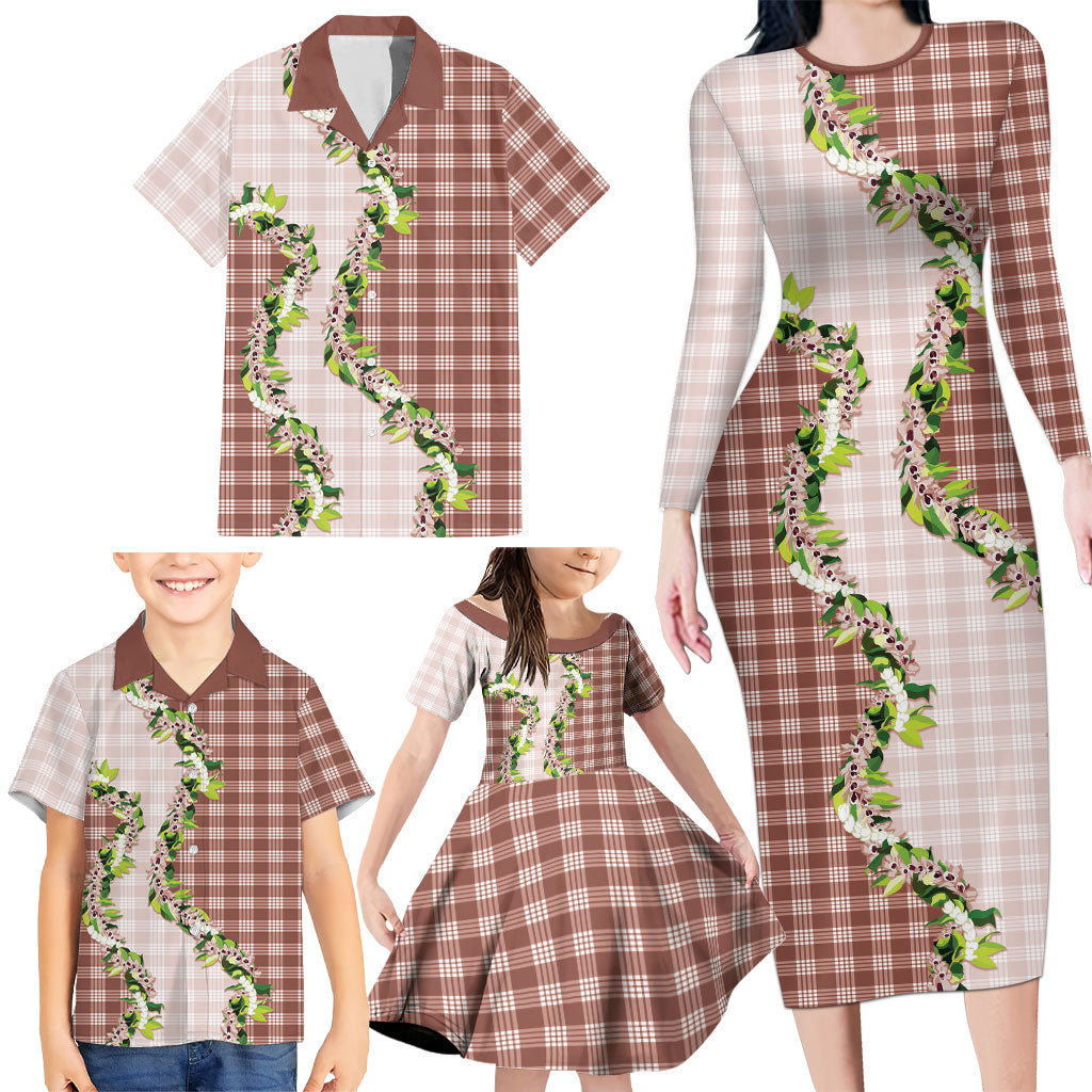 Mocha Hawaii Palaka Family Matching Long Sleeve Bodycon Dress and Hawaiian Shirt Maile Pikake Honohono Orchid Lei