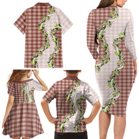 Mocha Hawaii Palaka Family Matching Long Sleeve Bodycon Dress and Hawaiian Shirt Maile Pikake Honohono Orchid Lei