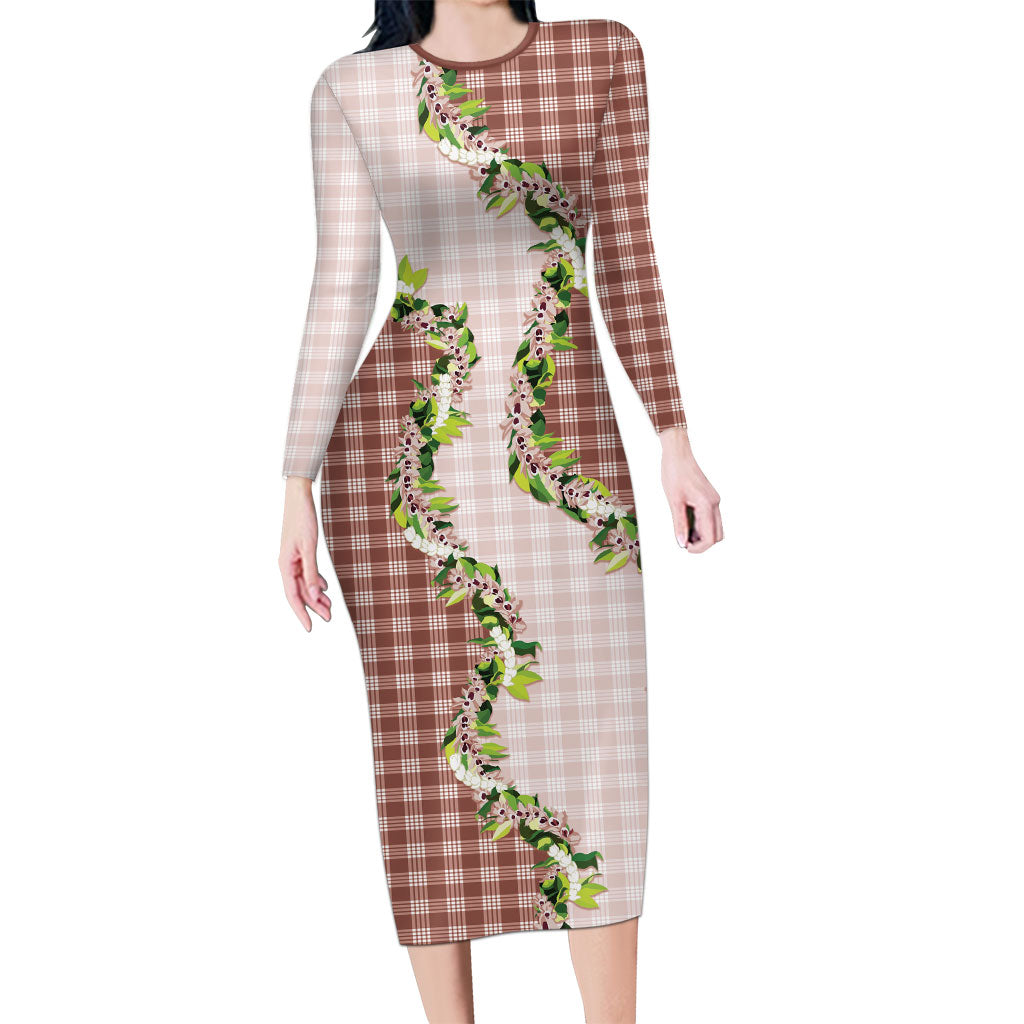 Mocha Hawaii Palaka Family Matching Long Sleeve Bodycon Dress and Hawaiian Shirt Maile Pikake Honohono Orchid Lei