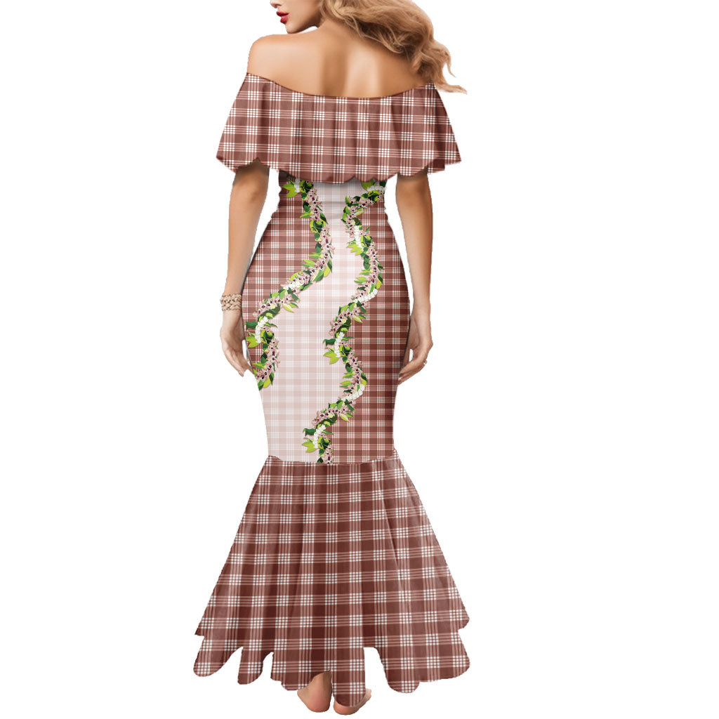 Mocha Hawaii Palaka Family Matching Mermaid Dress and Hawaiian Shirt Maile Pikake Honohono Orchid Lei