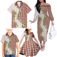 Mocha Hawaii Palaka Family Matching Off The Shoulder Long Sleeve Dress and Hawaiian Shirt Maile Pikake Honohono Orchid Lei