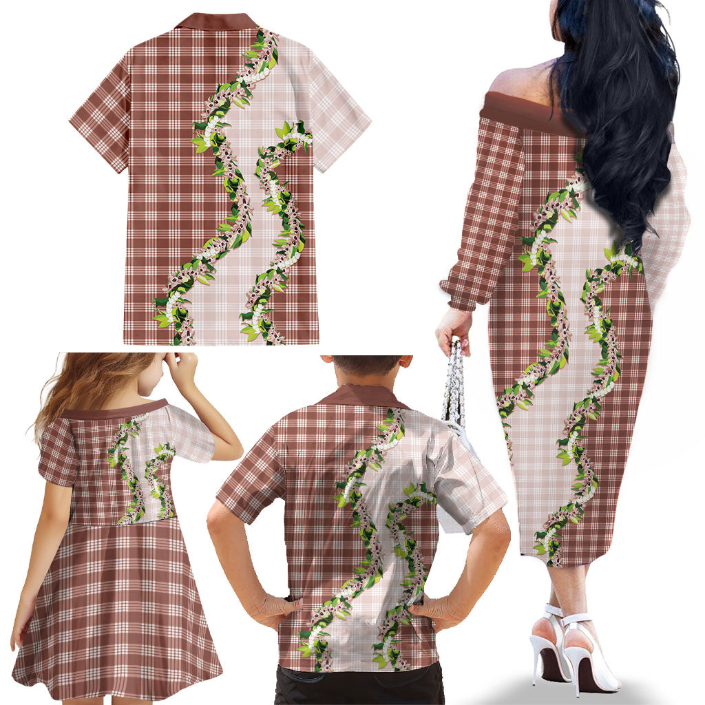 Mocha Hawaii Palaka Family Matching Off The Shoulder Long Sleeve Dress and Hawaiian Shirt Maile Pikake Honohono Orchid Lei
