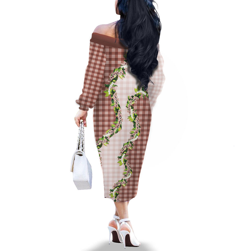 Mocha Hawaii Palaka Family Matching Off The Shoulder Long Sleeve Dress and Hawaiian Shirt Maile Pikake Honohono Orchid Lei