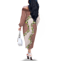 Mocha Hawaii Palaka Family Matching Off The Shoulder Long Sleeve Dress and Hawaiian Shirt Maile Pikake Honohono Orchid Lei