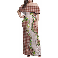 Mocha Hawaii Palaka Family Matching Off Shoulder Maxi Dress and Hawaiian Shirt Maile Pikake Honohono Orchid Lei