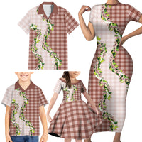 Mocha Hawaii Palaka Family Matching Short Sleeve Bodycon Dress and Hawaiian Shirt Maile Pikake Honohono Orchid Lei