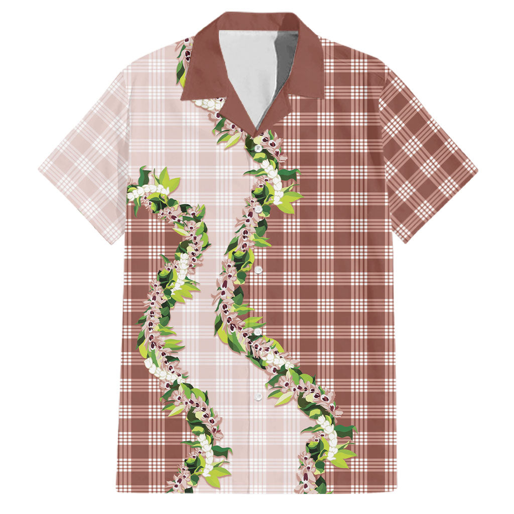 Mocha Hawaii Palaka Family Matching Summer Maxi Dress and Hawaiian Shirt Maile Pikake Honohono Orchid Lei