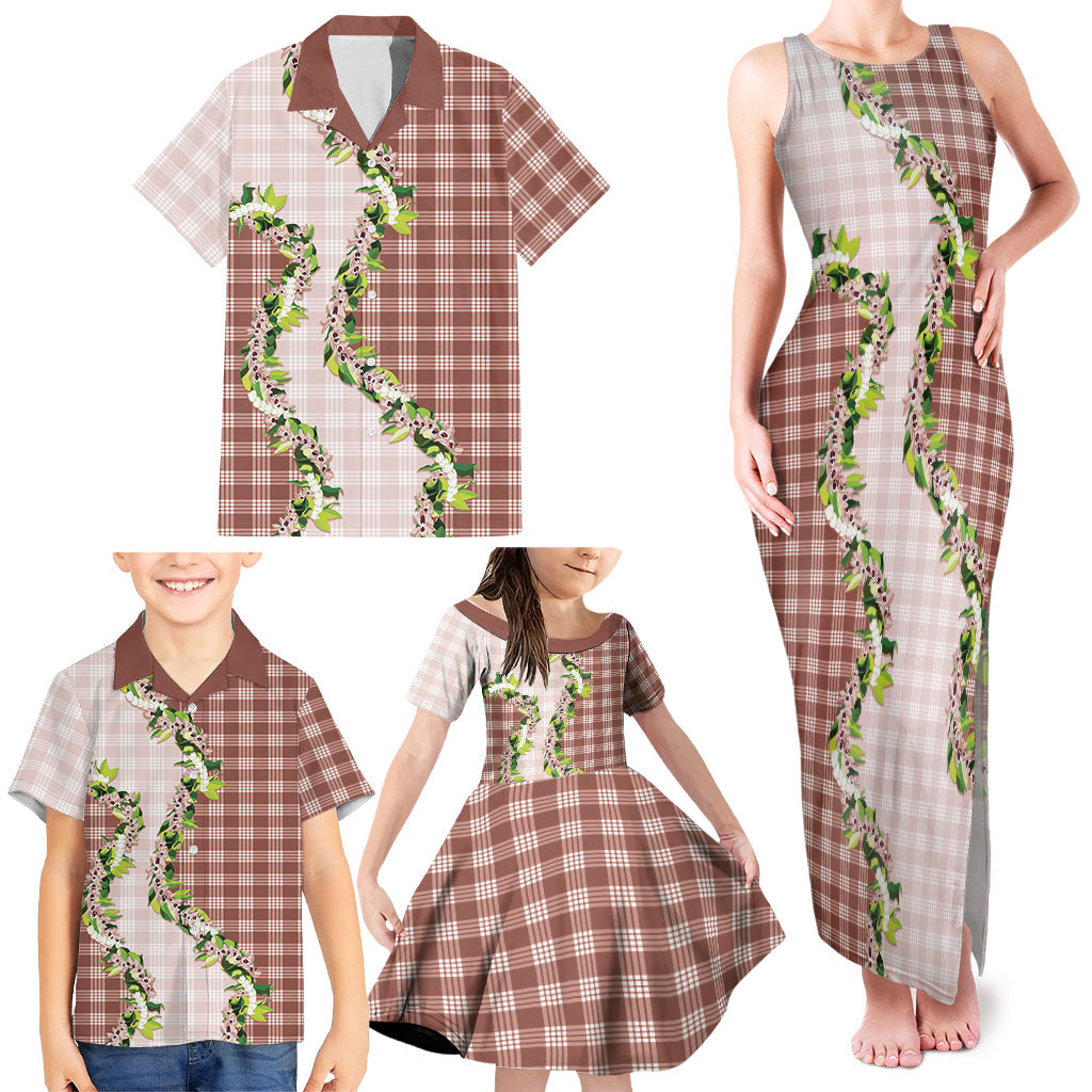 Mocha Hawaii Palaka Family Matching Tank Maxi Dress and Hawaiian Shirt Maile Pikake Honohono Orchid Lei