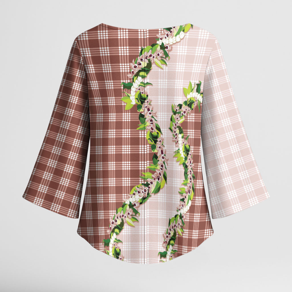 Mocha Hawaii Palaka Kimono Sleeve Blouse Maile Pikake Honohono Orchid Lei LT05 - Polynesian Pride
