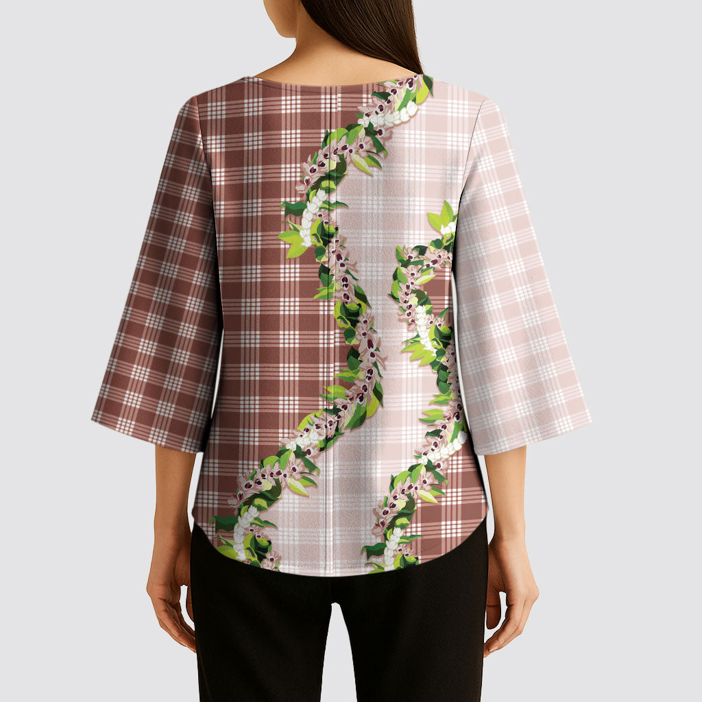 Mocha Hawaii Palaka Kimono Sleeve Blouse Maile Pikake Honohono Orchid Lei LT05 - Polynesian Pride