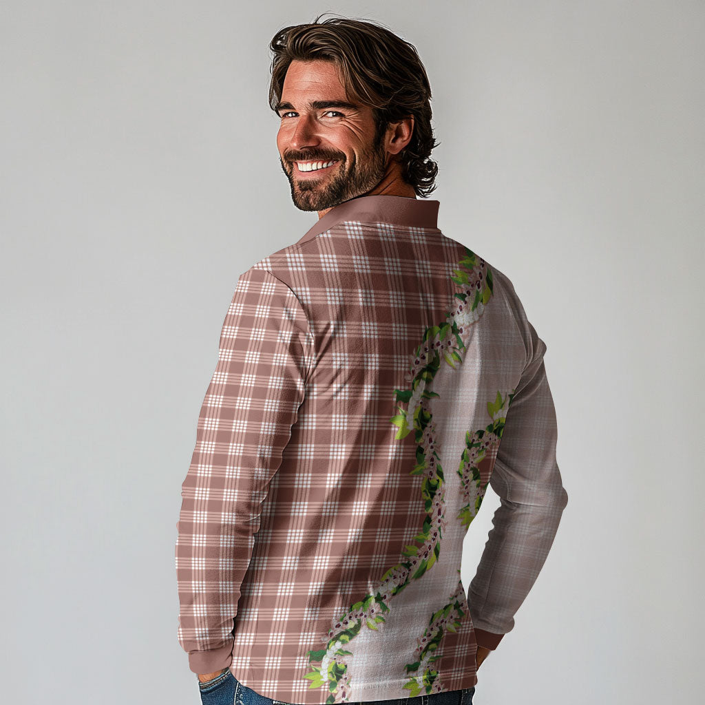 Mocha Hawaii Palaka Long Sleeve Polo Shirt Maile Pikake Honohono Orchid Lei