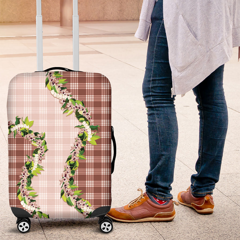 Mocha Hawaii Palaka Luggage Cover Maile Pikake Honohono Orchid Lei