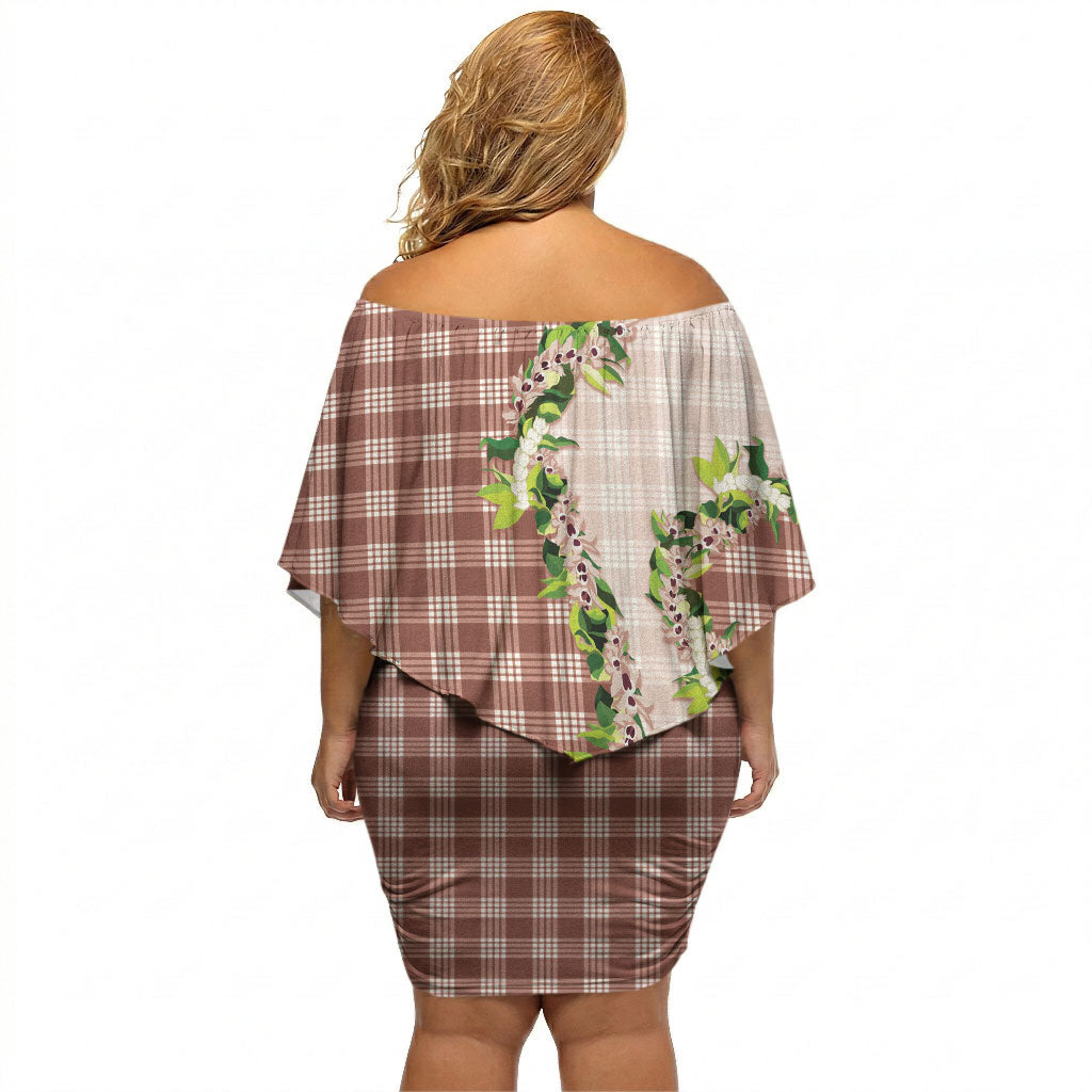 Mocha Hawaii Palaka Off Shoulder Short Dress Maile Pikake Honohono Orchid Lei LT05 - Polynesian Pride