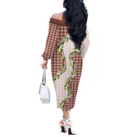 Mocha Hawaii Palaka Off The Shoulder Long Sleeve Dress Maile Pikake Honohono Orchid Lei