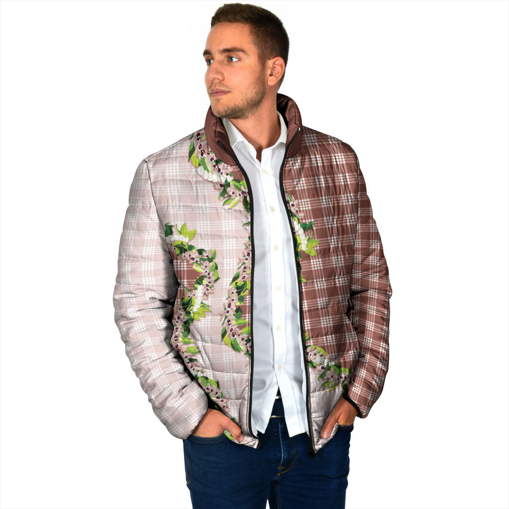 Mocha Hawaii Palaka Padded Jacket Maile Pikake Honohono Orchid Lei