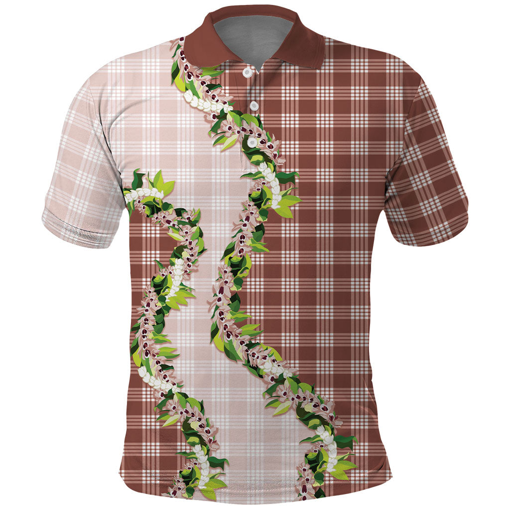 Mocha Hawaii Palaka Polo Shirt Maile Pikake Honohono Orchid Lei