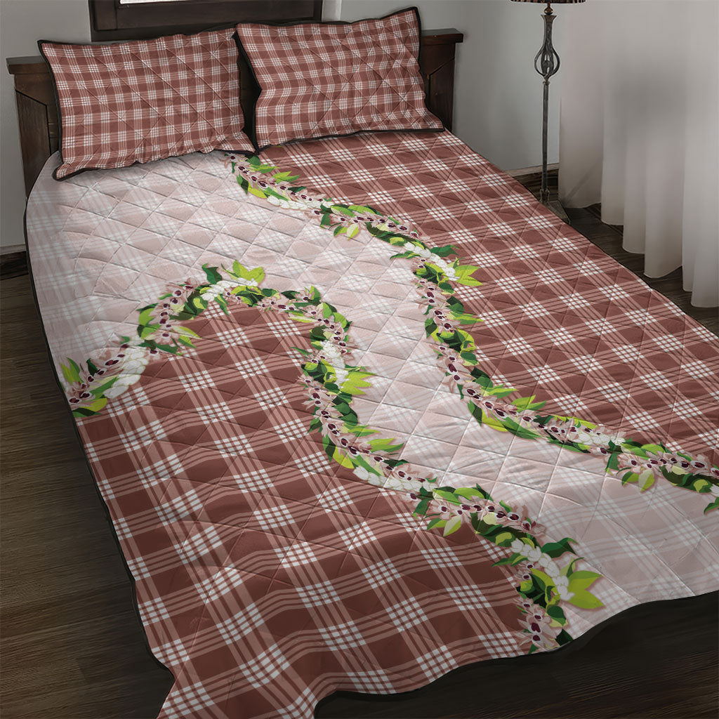 Mocha Hawaii Palaka Quilt Bed Set Maile Pikake Honohono Orchid Lei