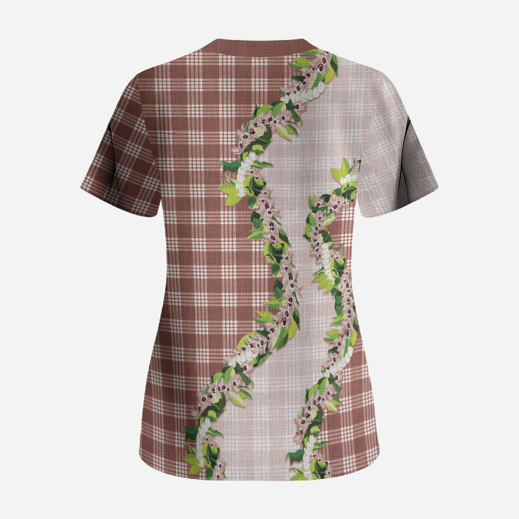 Mocha Hawaii Palaka Scrub Top Maile Pikake Honohono Orchid Lei
