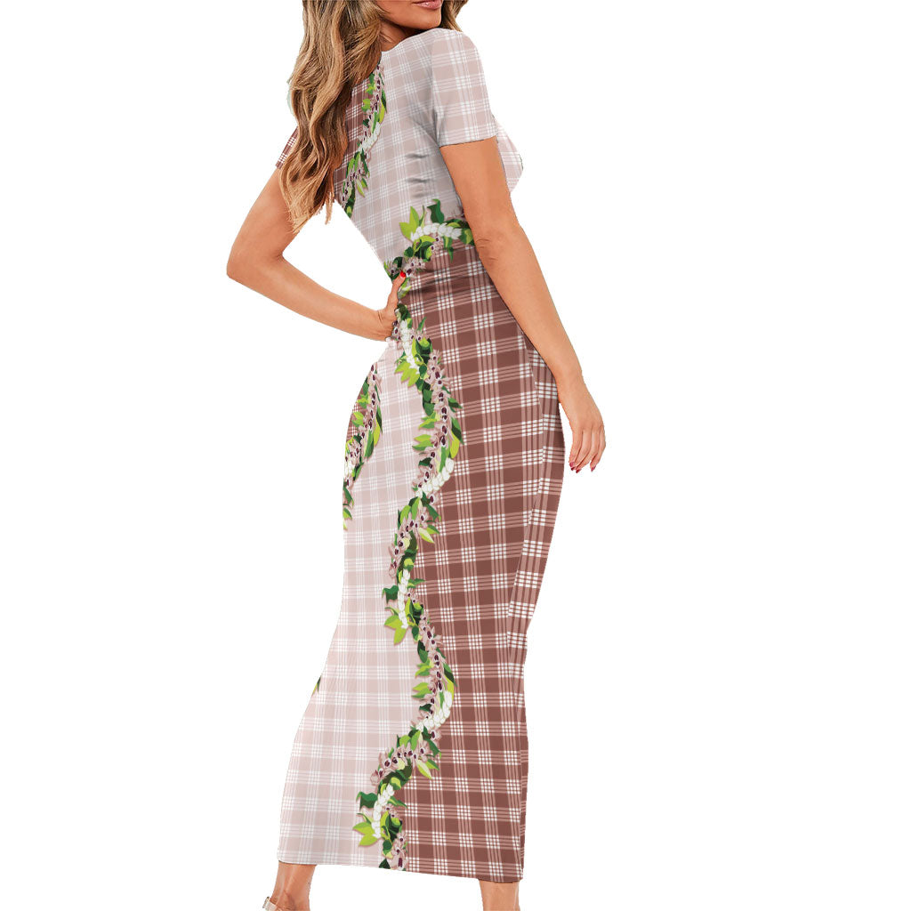 Mocha Hawaii Palaka Short Sleeve Bodycon Dress Maile Pikake Honohono Orchid Lei