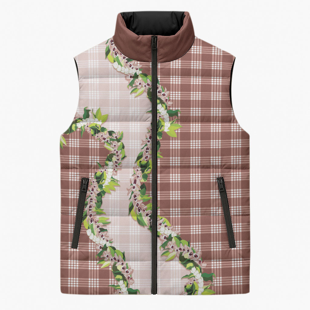 Mocha Hawaii Palaka Sleeveless Puffer Jacket Maile Pikake Honohono Orchid Lei