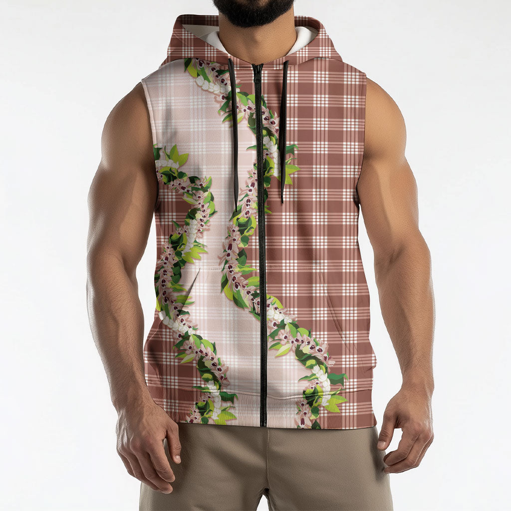 Mocha Hawaii Palaka Sleeveless Zip Hoodie Maile Pikake Honohono Orchid Lei