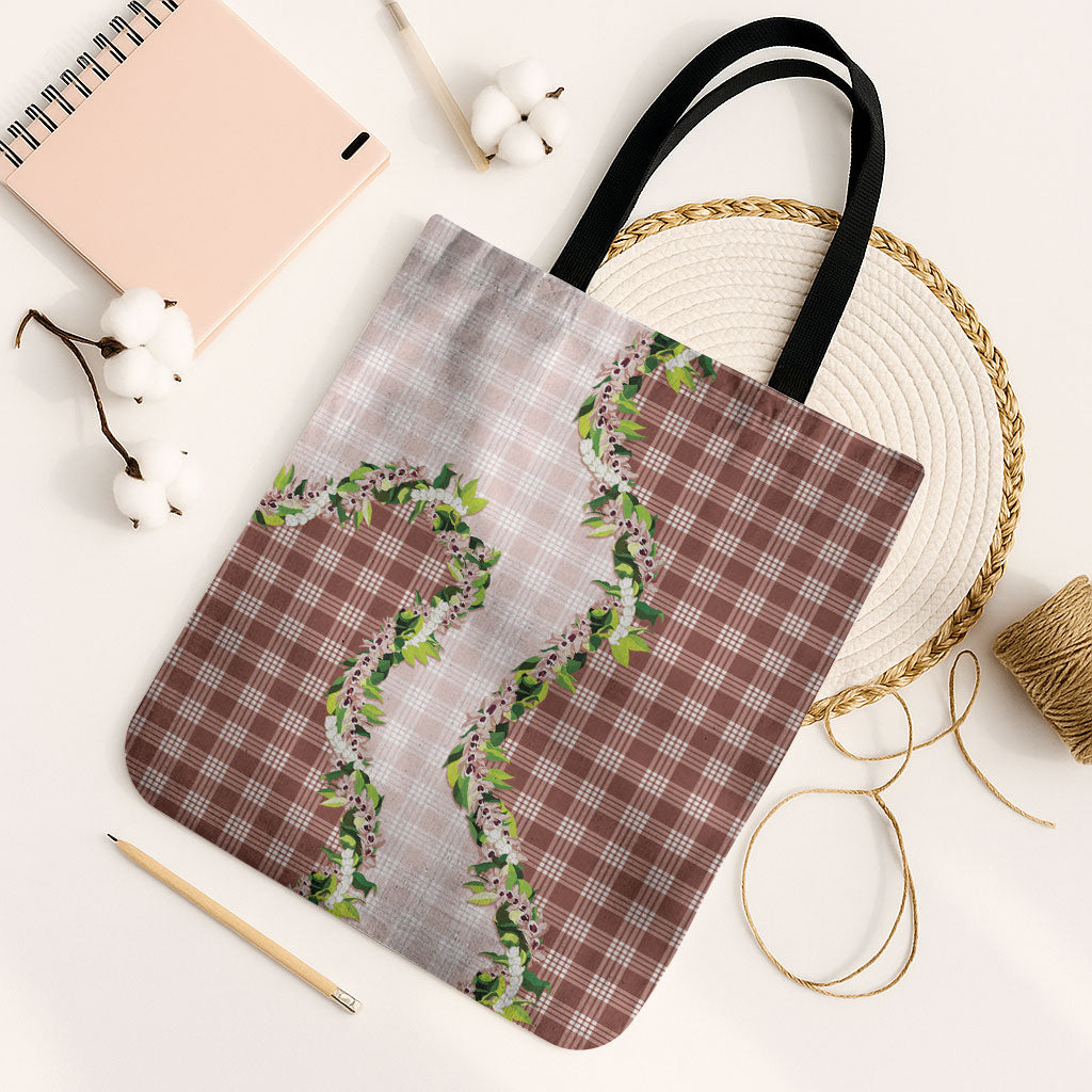 Mocha Hawaii Palaka Tote Bag Maile Pikake Honohono Orchid Lei